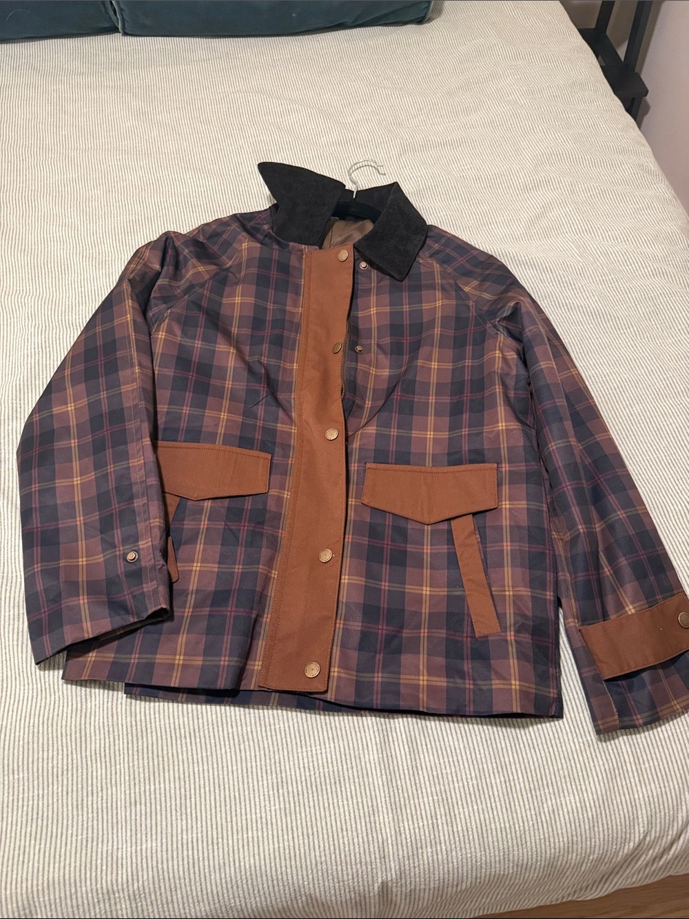 Women’s Small Plaid Field Jacket with Brown Trim and Black Collar